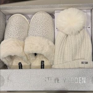 New! Steve Madden White Rhinestone Slippers and Pom-Pom Beanie